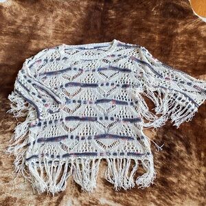 Easel Open Weave Fringe Sweater